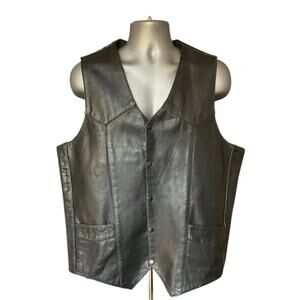 Leather Gallery Black Leather Snap Front Biker Vest Size 46 Tall